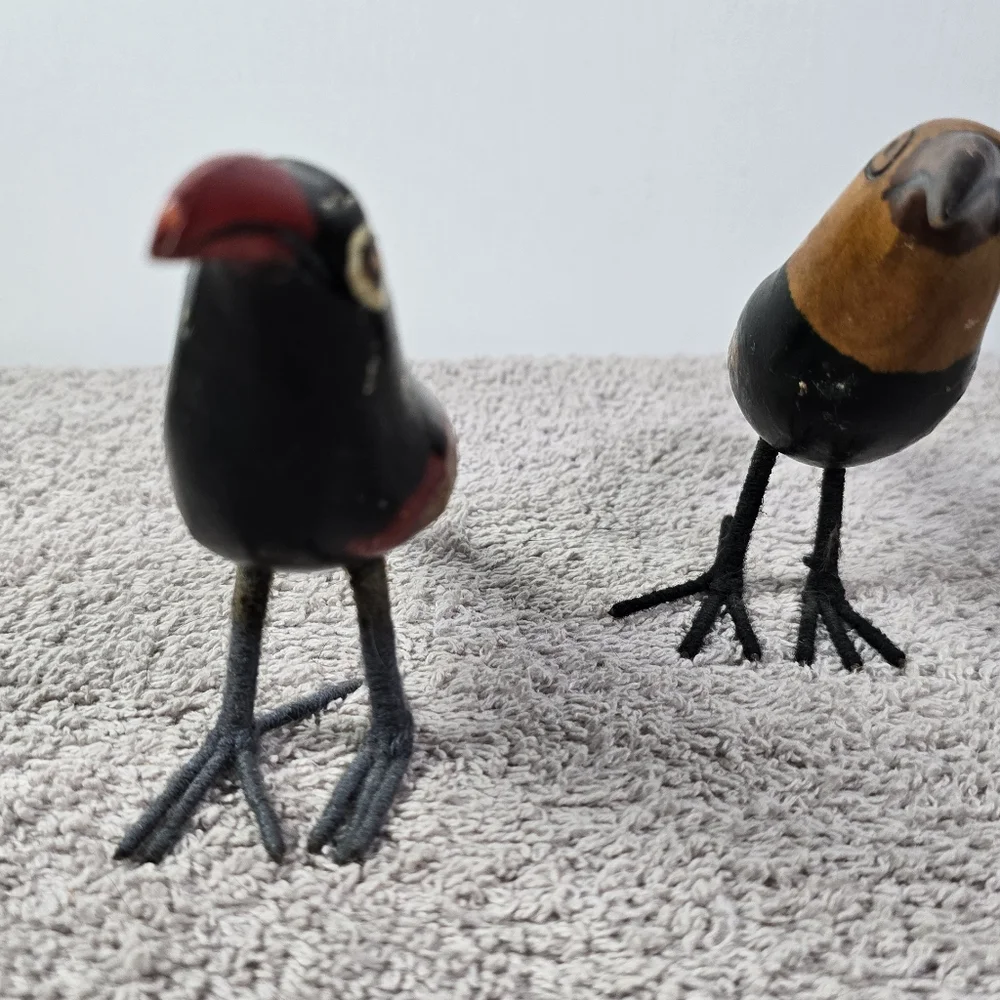 Handcrafted Wooden Bird Figurines - Red, Black, Brown